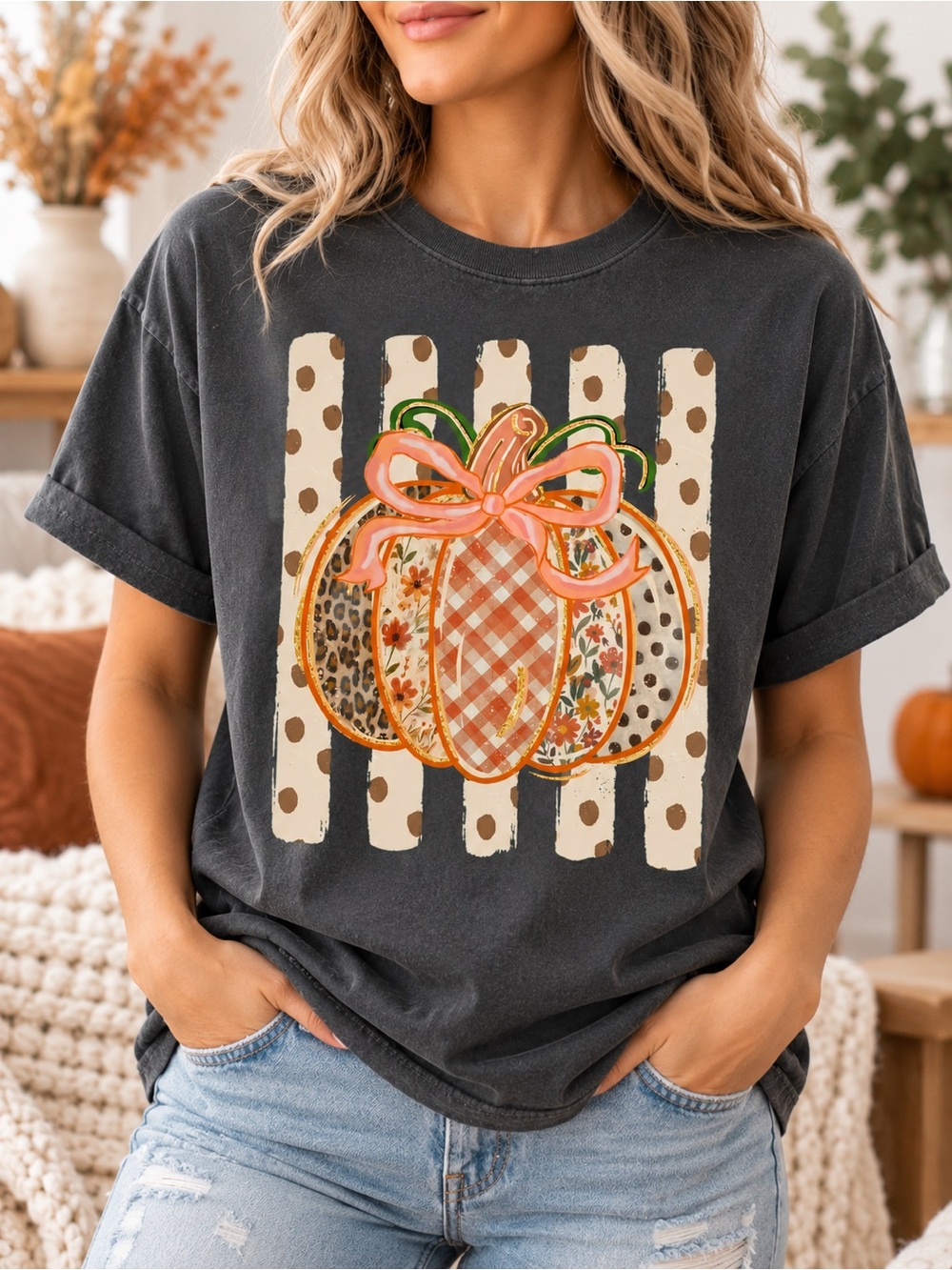 Coquette Pumpkin Shirt Leopard Plaid Bow Fall Comfort Colors Pepper Graphic Tee